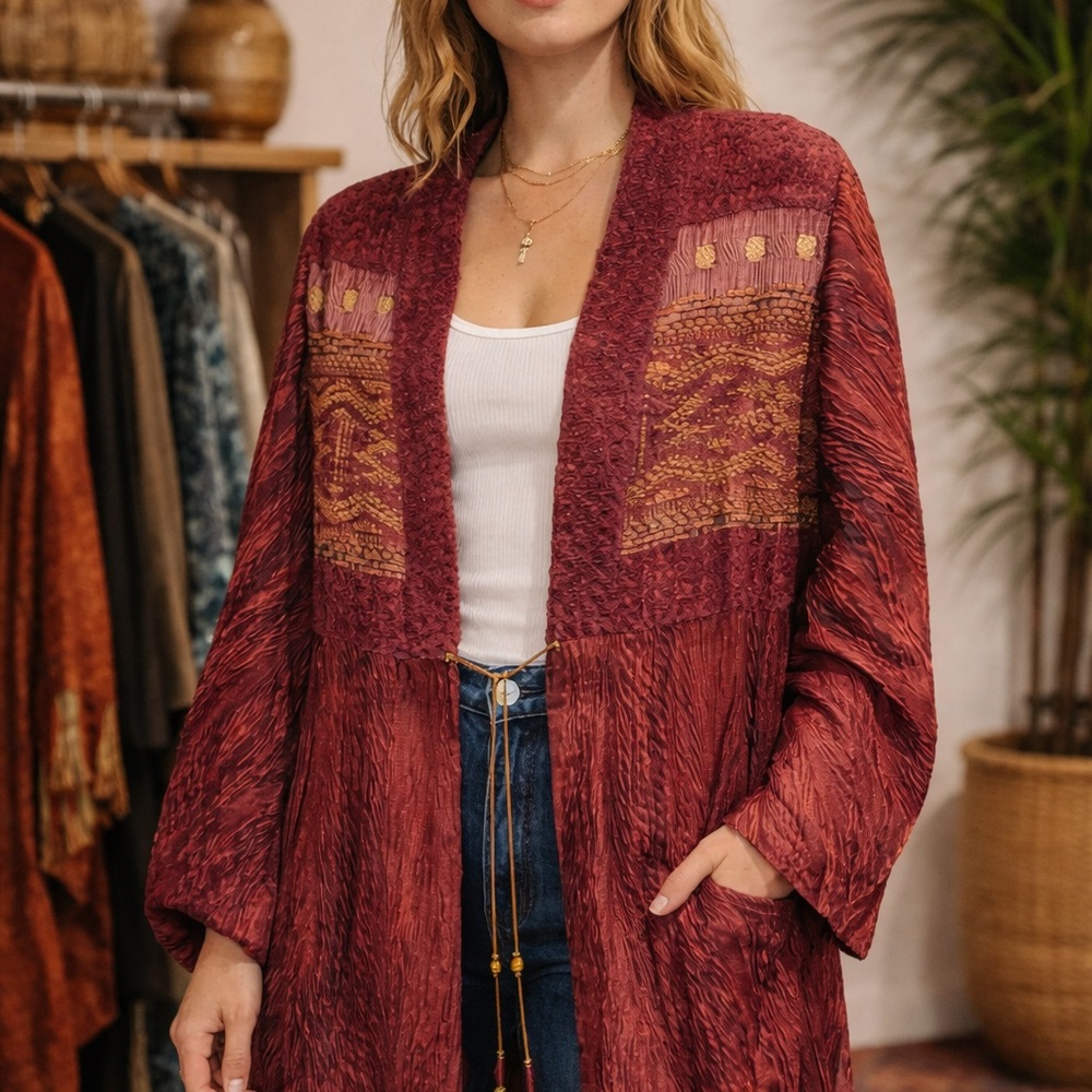 Zonda Nellis silk wool blend wearable art duster cardigan 100% silk lining